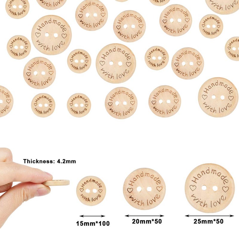 FOCCTS 150 Pcs Wooden Handmade Buttons  2 Holes Wooden Sewing Buttons  Assorted Wooden Handmade with Love Buttons for Sewing Clothing Accessories(15-20-25mm) - Image 2